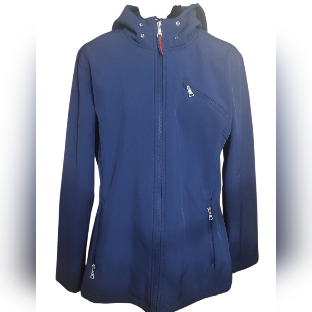 Tommy Hilfiger Coat Women's Size Large Navy Blue Iconic Soft Shell Hooded Jacket - Picture 2 of 11